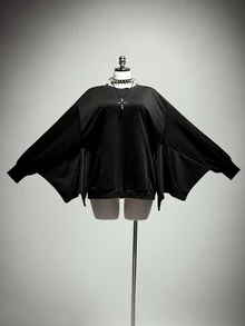 SHEIN ICON Plus Size Retro Sexy Millennial Style Y2K Dark Gothic Halloween Outfit: Simple Casual Batwing Sleeve Black Crew Neck Sweatshirt Fall - Black - View 3