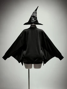 SHEIN ICON Plus Size Retro Sexy Millennial Style Y2K Dark Gothic Halloween Outfit: Simple Casual Batwing Sleeve Black Crew Neck Sweatshirt Fall - Black - View 2