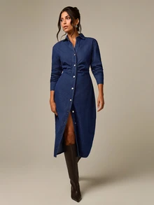 COSMINA Denim Ruched Waist Button Front Denim Dress Everyday Daytime Work Navy Blue Autumn Casual - Blue - View 5