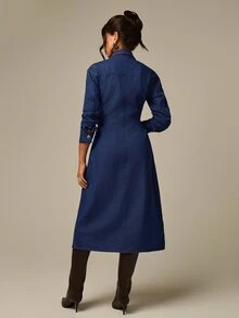 COSMINA Denim Ruched Waist Button Front Denim Dress Everyday Daytime Work Navy Blue Autumn Casual - Blue - View 2