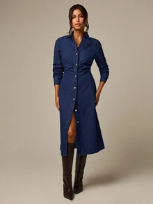 COSMINA Denim Ruched Waist Button Front Denim Dress Everyday Daytime Work Navy Blue Autumn Casual - Blue - View 1