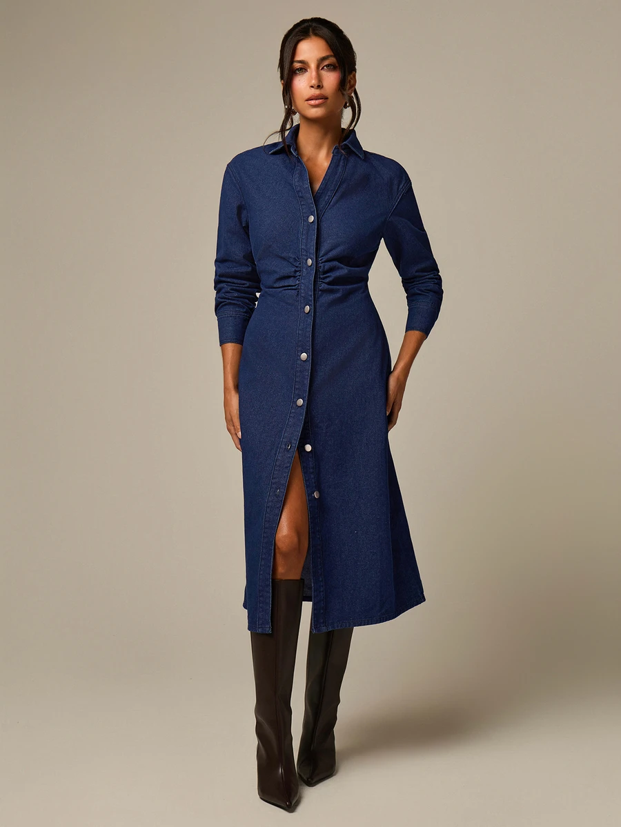 COSMINA Denim Ruched Waist Button Front Denim Dress Everyday Daytime Work Navy Blue Autumn Casual - Blue - View 1