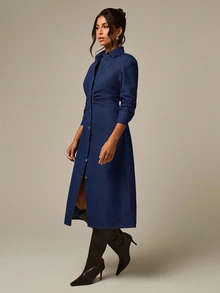 COSMINA Denim Ruched Waist Button Front Denim Dress Everyday Daytime Work Navy Blue Autumn Casual - Blue - View 7