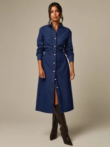 COSMINA Denim Ruched Waist Button Front Denim Dress Everyday Daytime Work Navy Blue Autumn Casual - Blue - View 4