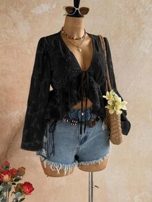 Soleia V-Neck Tie-Front Ruffle Hem Blouse With Bell Sleeves - Black - View 6