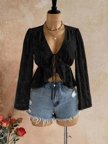 Soleia V-Neck Tie-Front Ruffle Hem Blouse With Bell Sleeves - Black - View 3
