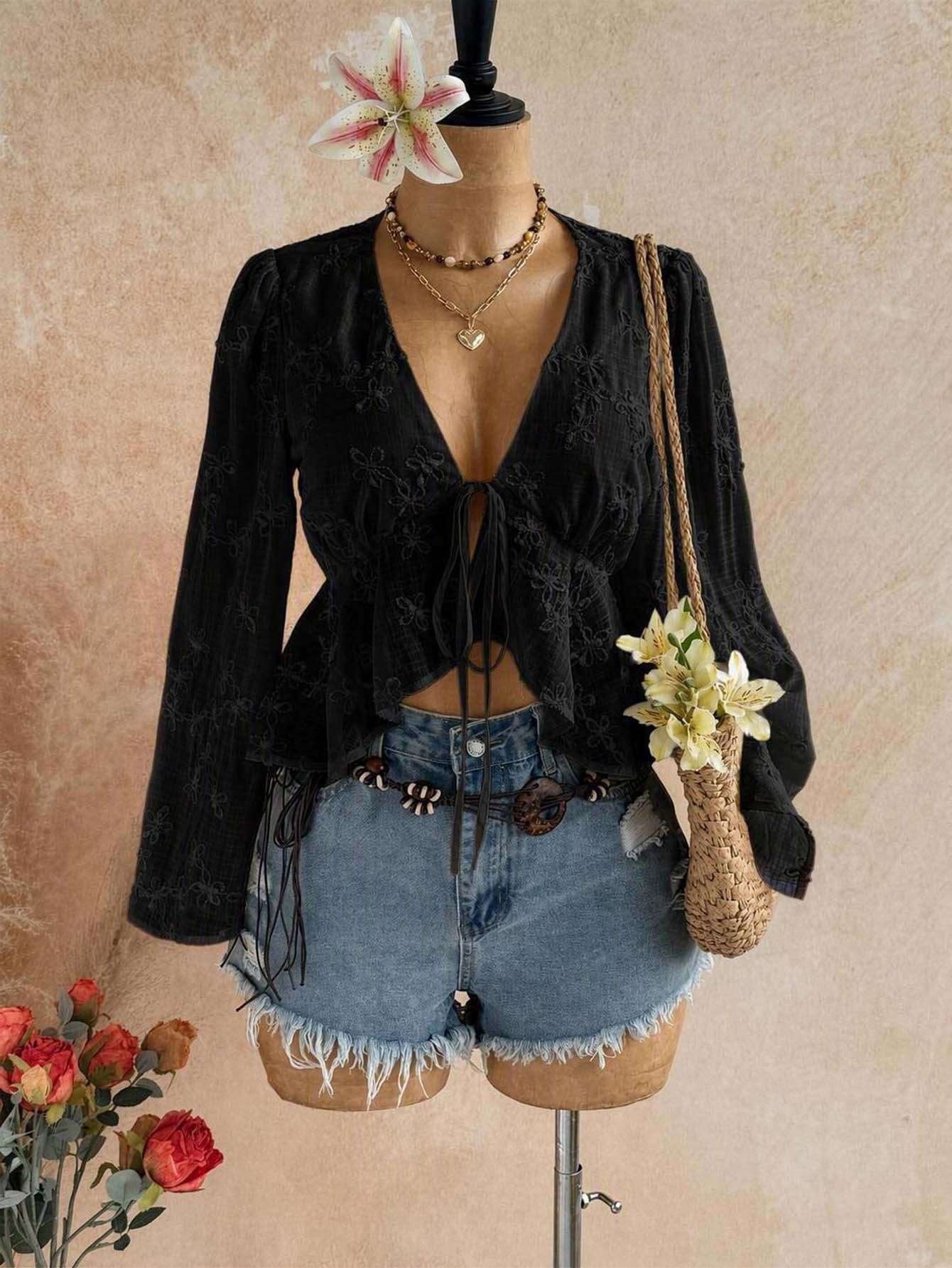 Soleia V-Neck Tie-Front Ruffle Hem Blouse With Bell Sleeves - Black - View 1