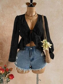 Soleia V-Neck Tie-Front Ruffle Hem Blouse With Bell Sleeves - Black - View 7