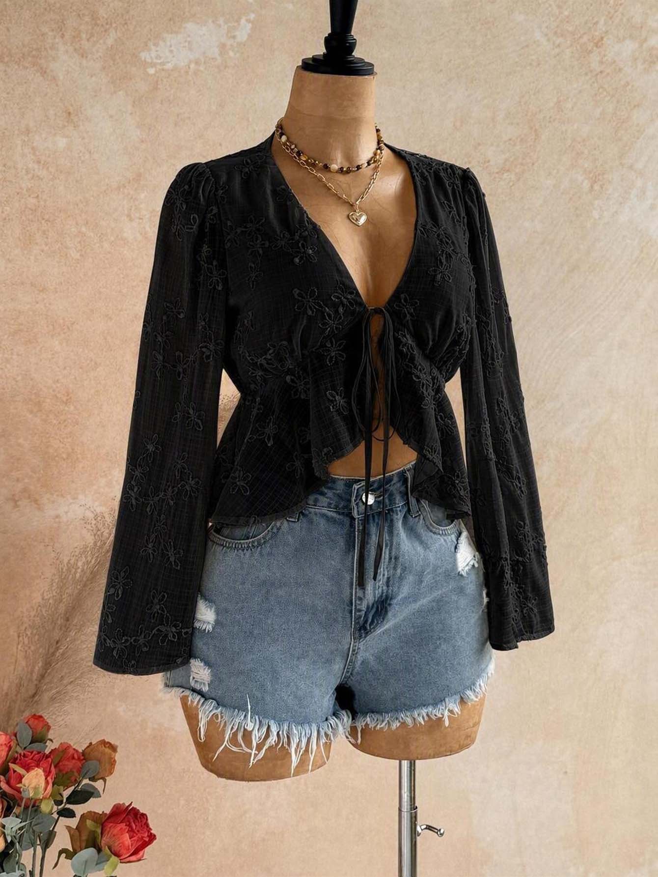 Soleia V-Neck Tie-Front Ruffle Hem Blouse With Bell Sleeves - Black - View 4