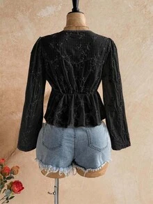 Soleia V-Neck Tie-Front Ruffle Hem Blouse With Bell Sleeves - Black - View 2