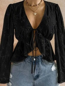Soleia V-Neck Tie-Front Ruffle Hem Blouse With Bell Sleeves - Black - View 5