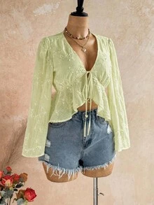 Soleia V-Neck Tie-Front Ruffle Hem Blouse With Flared Sleeves - Green - View 4