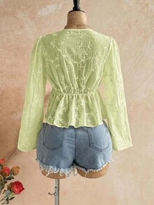 Soleia V-Neck Tie-Front Ruffle Hem Blouse With Flared Sleeves - Green - View 2