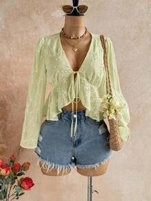 Soleia V-Neck Tie-Front Ruffle Hem Blouse With Flared Sleeves - Green - View 7