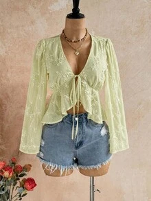 Soleia V-Neck Tie-Front Ruffle Hem Blouse With Flared Sleeves - Green - View 3