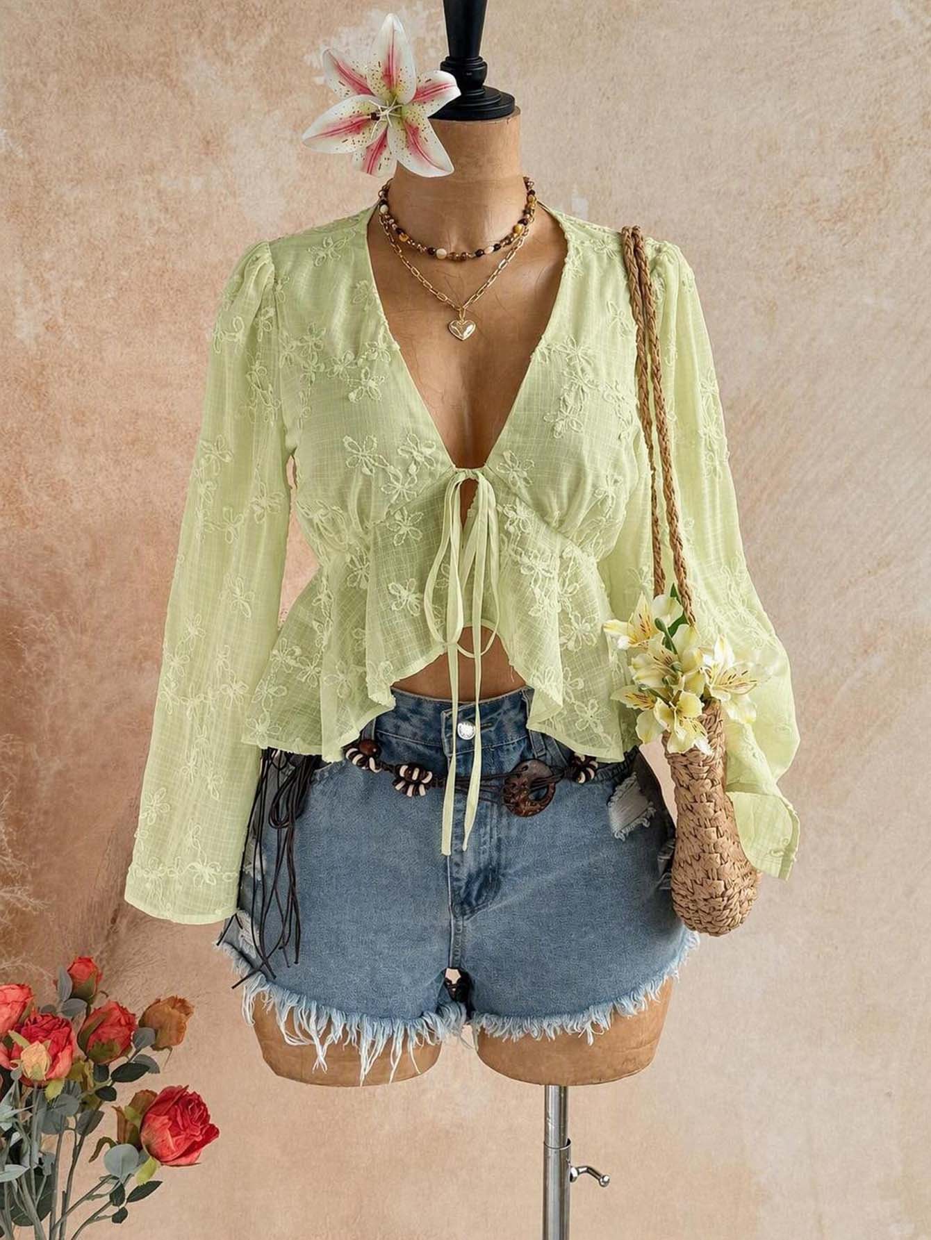 Soleia V-Neck Tie-Front Ruffle Hem Blouse With Flared Sleeves - Green - View 1