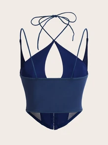 Sweetina 白色紧身胸衣钩眼前网眼插入吊带背心 - 藏蓝色 - 查看 3