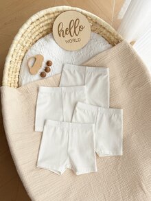 SHEIN 4条装女婴针织柔软纯色休闲短裤套装，四条装，松紧腰带 - 白色 - 查看 4