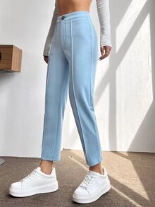 SHEIN PETITE High Waist Press Crease Tapered Spring Women Pants ,Petite Women - Baby Blue - View 4