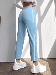 SHEIN PETITE High Waist Press Crease Tapered Spring Women Pants ,Petite Women - Baby Blue - View 2