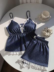Comfortcana 夏季休闲波点印花蕾丝边吊带背心和短裤套装 - 彩色 - 查看 4