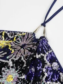 SHEIN Unity 女款掛脖亮片花卉印花迷你洋裝，無袖A字短款派對洋裝，閃亮秋季夜店、雞尾酒會與秋季假期穿搭 - 藍色 - 查看 4
