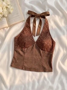 SHEIN MOD Áo yếm nữ phối ren hở lưng - màu nâu - Xem 3