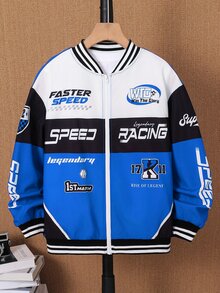 SHEIN Kids Tween Boy Casual Cool Racing Car Pattern Letter & Number Print Open Front Long Sleeve Mid-Weight Knit Jacket, Winter Autumn Coat - Blue - View 7