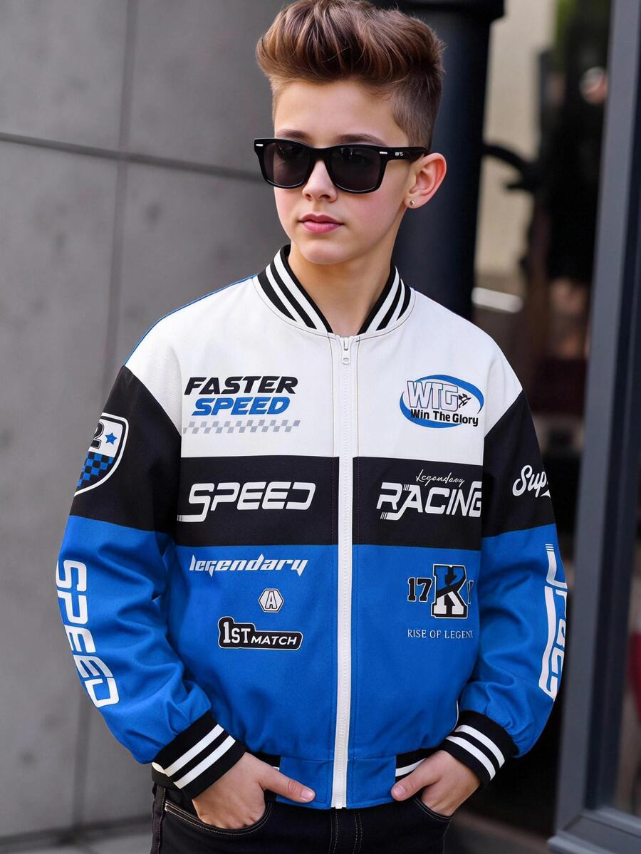 SHEIN Kids Tween Boy Casual Cool Racing Car Pattern Letter & Number Print Open Front Long Sleeve Mid-Weight Knit Jacket, Winter Autumn Coat - Blue - View 1