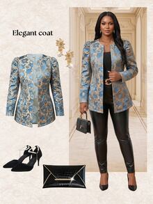 Fleurora Plus Size Women's Floral Jacquard Long Sleeve Open Front Elegant Autumn Coat Work Formal Evening Fall - Blue - View 8