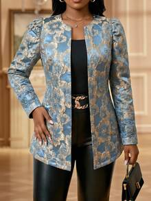 Fleurora Plus Size Women's Floral Jacquard Long Sleeve Open Front Elegant Autumn Coat Work Formal Evening Fall - Blue - View 5