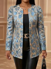 Fleurora Plus Size Women's Floral Jacquard Long Sleeve Open Front Elegant Autumn Coat Work Formal Evening Fall - Blue - View 6