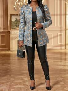 Fleurora Plus Size Women's Floral Jacquard Long Sleeve Open Front Elegant Autumn Coat Work Formal Evening Fall - Blue - View 7