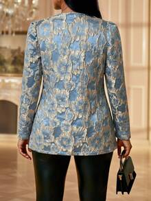 Fleurora Plus Size Women's Floral Jacquard Long Sleeve Open Front Elegant Autumn Coat Work Formal Evening Fall - Blue - View 3
