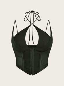 SHEIN Sweetina White Corset Hook And Eye Front Mesh Insert Cami Top - Army Green - View 1