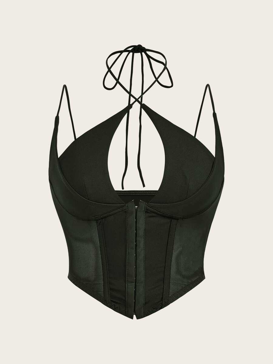 SHEIN Sweetina White Corset Hook And Eye Front Mesh Insert Cami Top - Army Green - View 1