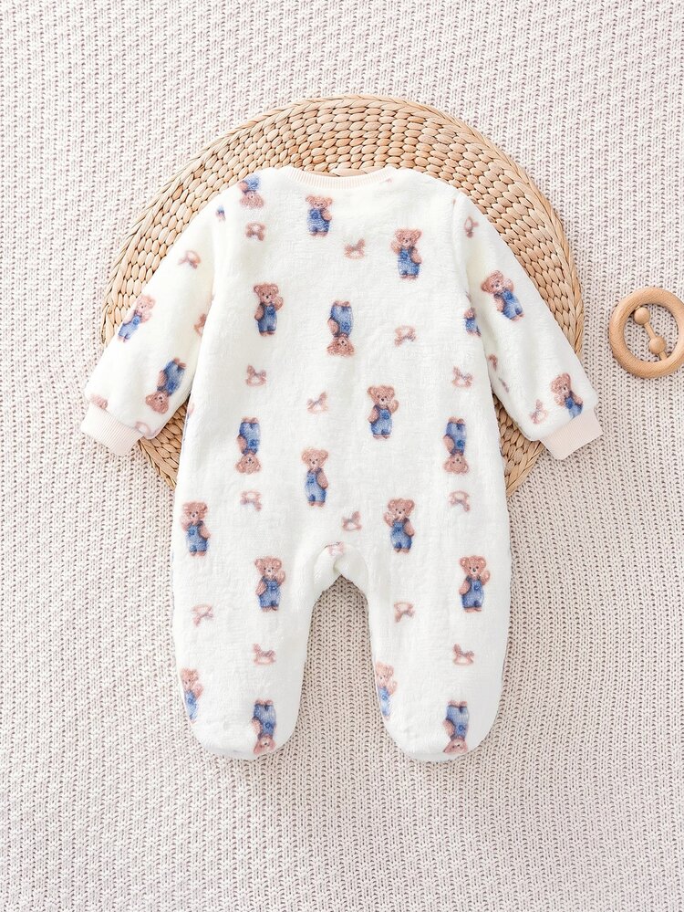 SHEIN Newborn Baby Girl Cute Casual Fluffy Cartoon Pattern Long Sleeve Autumn Winter Romper Loungewear Neutral - Beige - View 7