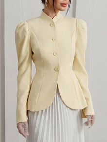 Firerie Blazer Wanita Gaya Prancis Elegan dengan Kancing dan Lengan Berbentuk Kelopak Bunga - Kuning muda - View 5