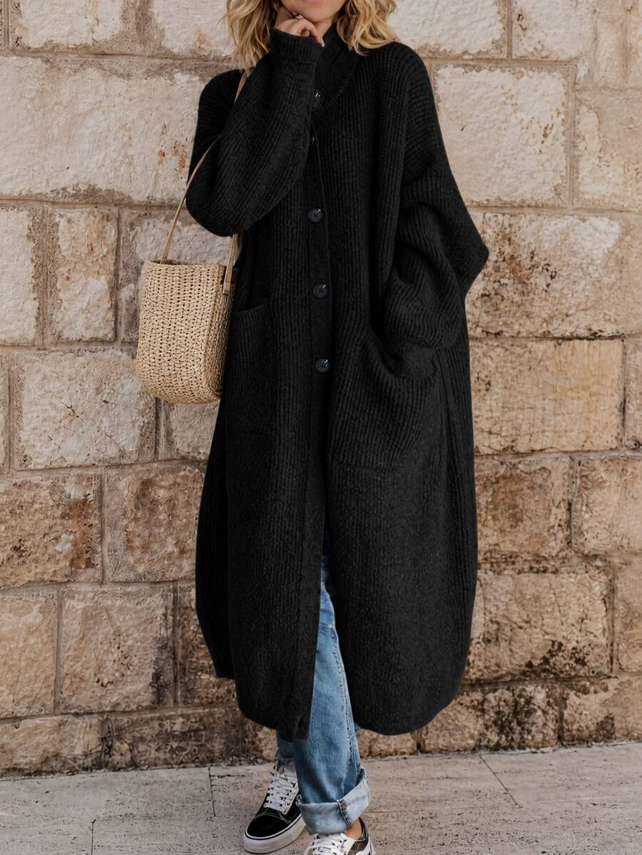 EMERY ROSE 1pc Women Plain Front Button Up Long Sleeve Pocket Blouse, Casual For Everyday Wear Fall Winter Cloth For Women - Black - View 1