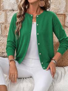 EMERY ROSE Loose Button Decor Round Neck Comfy Solid Color Cardigan Fall Winter Cloth For Women, Christmas - Green - View 3