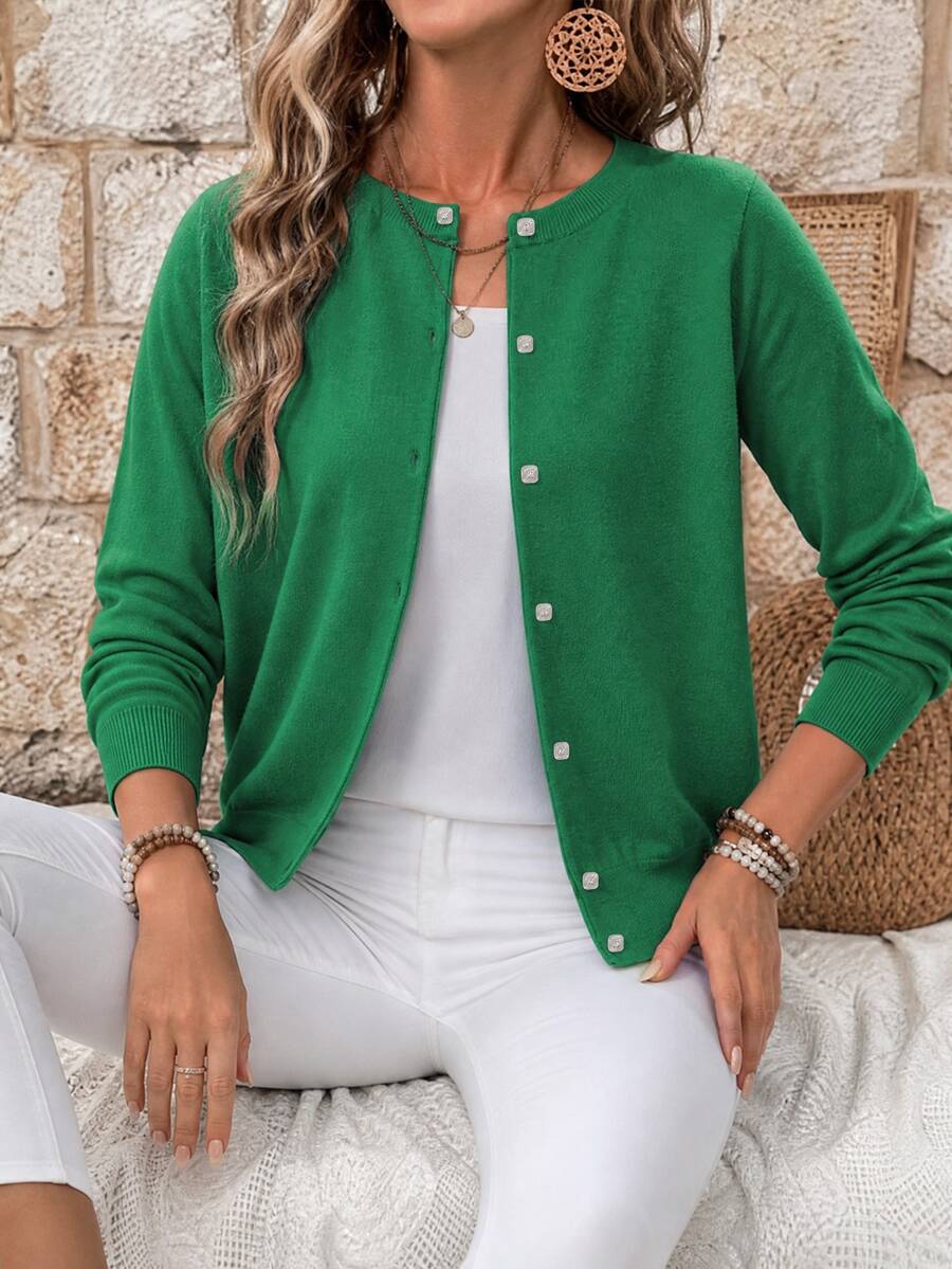 EMERY ROSE Loose Button Decor Round Neck Comfy Solid Color Cardigan Fall Winter Cloth For Women, Christmas - Green - View 1
