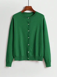 EMERY ROSE Loose Button Decor Round Neck Comfy Solid Color Cardigan Fall Winter Cloth For Women, Christmas - Green - View 8