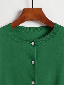 EMERY ROSE Loose Button Decor Round Neck Comfy Solid Color Cardigan Fall Winter Cloth For Women, Christmas - Green - View 6