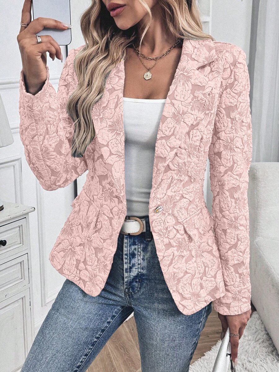 EMERY ROSE Women Floral Jacquard Lapel Collar Long Sleeve Elegant Blazer, Autumn Fall Cloth For Women - Pink - View 1
