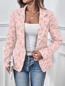 EMERY ROSE 女士花卉提花翻领长袖优雅西装外套，秋季 - 粉色 - 查看 4