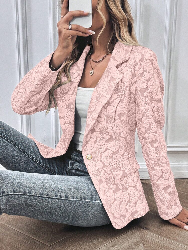 EMERY ROSE Women Floral Jacquard Lapel Collar Long Sleeve Elegant Blazer, Autumn Fall Cloth For Women - Pink - View 5