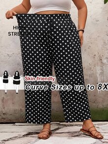SHEIN CURVE+ 大尺碼休閒 80s 90s 素色寬鬆長褲 沙灘居家度假穿著 2026 夏季 22W 黑白 - 黑與白 - 查看 7