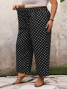 SHEIN CURVE+ 大尺碼休閒 80s 90s 素色寬鬆長褲 沙灘居家度假穿著 2026 夏季 22W 黑白 - 黑與白 - 查看 4