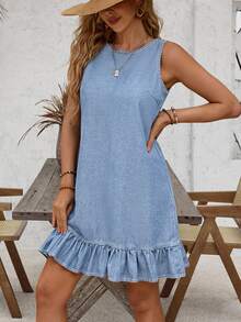 EMERY ROSE Women's Round Neck Casual Denim Dress With Ruffle Hem And Button Back Design, Sleeveless - Light Wash - View 4
