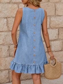 EMERY ROSE Women's Round Neck Casual Denim Dress With Ruffle Hem And Button Back Design, Sleeveless - Light Wash - View 1